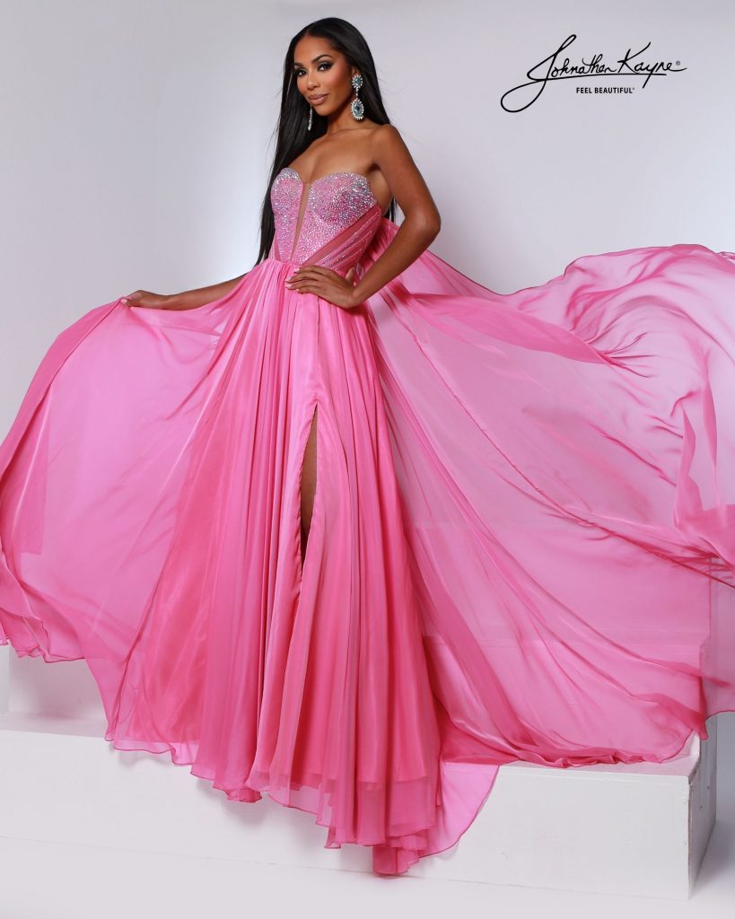 Johnathan Kayne 3221 strapless A-line gown in light rose with crystal-embellished bodice, attached flowing cape and thigh-high slit, perfect for prom, pageant evening wear, and formal events